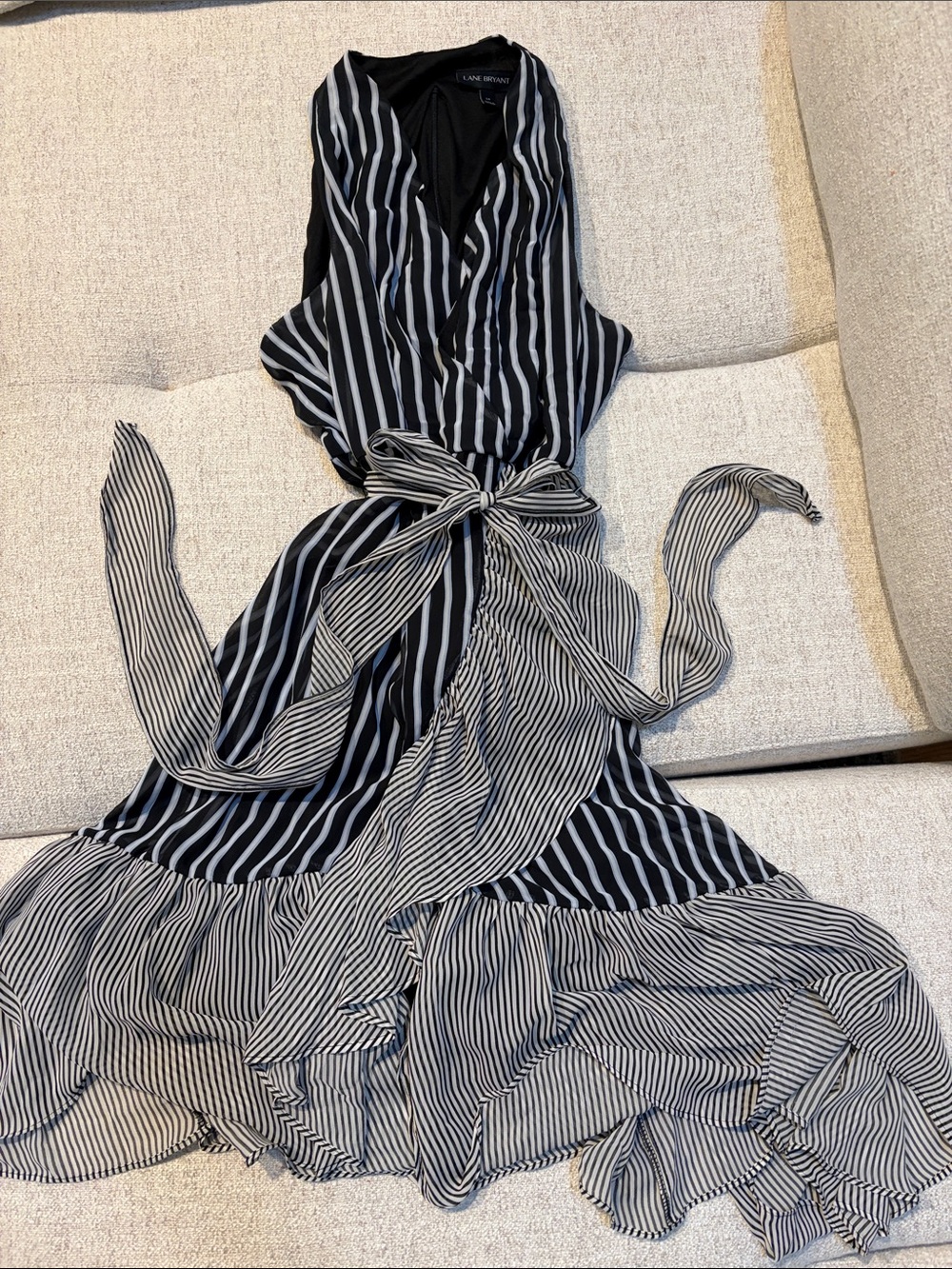 Lane Bryant Black and White Striped Maxi Wrap Dress with Tie Waist